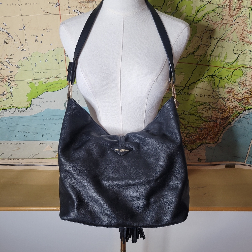 Karl Lagerfeld Paris Devon Hobo Bag Black With Tassels & Gold Hardware Purse - Picture 4 of 16